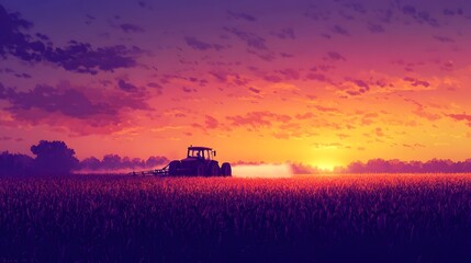 Fototapeta premium Tractor Working Field Sunset Vibrant Colors Landscape