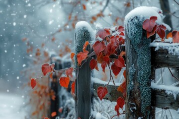 Snow-covered wooden fence with vibrant red leaves during a winter snowfall.