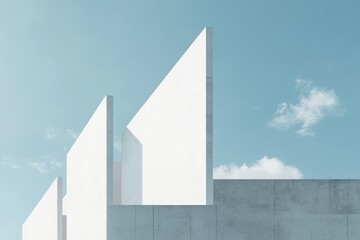 Minimalist architecture, white concrete walls against a blue sky.