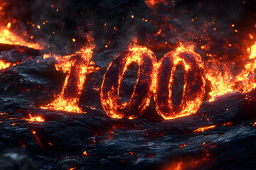 Number 100 (one hundred) crafted entirely from molten magma or lava and blazing fire. Majestic elegance glowing with fiery cracks like molten surface of active volcano. Red and orange hues radiate.