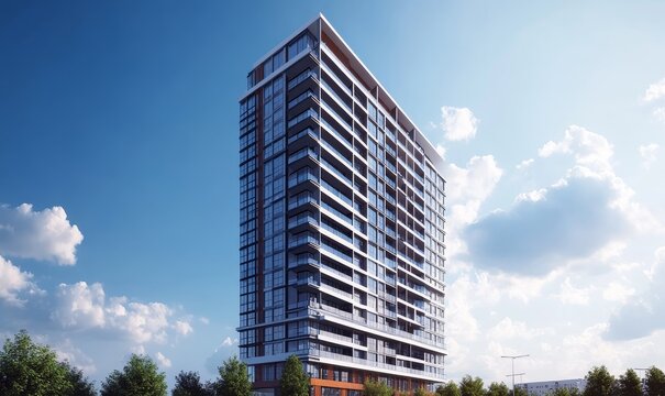 Modern high-rise apartment building against a blue sky.