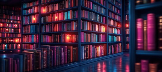 Cozy Library Scene with Colorful Books on Blue Shelves in a Warm Atmosphere