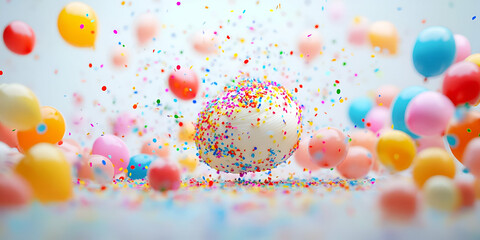 Birthday Background - A colorful scene featuring a white egg surrounded by vibrant balloons and confetti.