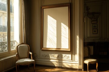 Fototapeta premium Sunlit Parisian apartment interior with ornate chair and blank frame.