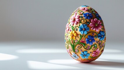 A highly detailed, close-up photograph of a solitary, intricately decorated Easter egg with vibrant, multicolored floral patterns and swirling motifs, set against a bright, pure white background that 