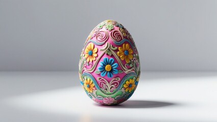 A highly detailed, close-up photograph of a solitary, intricately decorated Easter egg with vibrant, multicolored floral patterns and swirling motifs, set against a bright, pure white background that 