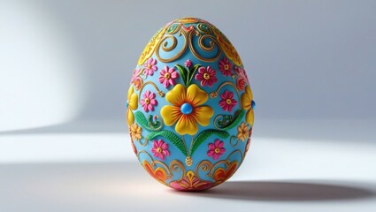 A highly detailed, close-up photograph of a solitary, intricately decorated Easter egg with vibrant, multicolored floral patterns and swirling motifs, set against a bright, pure white background that 