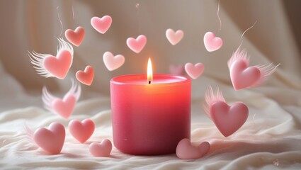 A serene, crimson candle, softly glowing with a warm, gentle flame, surrounded by a whimsical assortment of delicate, pastel pink hearts that appear to be suspended in mid-air, as if lifted by the ten