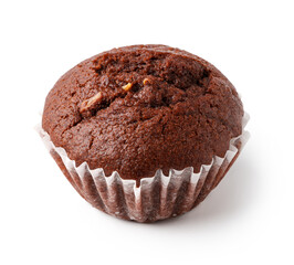 Chocolate muffin baked to perfection, displayed on a white background ready for serving or enjoying as a delightful treat