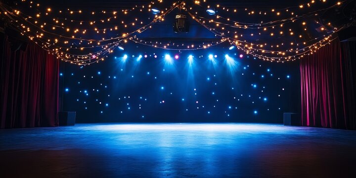 Empty stage with blue lighting, red curtains, and fairy lights.