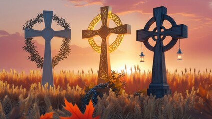 A serene autumnal landscape with three majestic crosses, symbolizing Peace, Hope, and Remembrance, standing tall amidst a sea of golden wheat, rustling leaves, and vibrant orange hues, set against a b