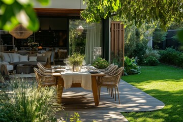 Luxurious modern home exterior featuring dining area and lush garden view