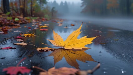 Vibrant fall colors reflected on wet pavement, with a solitary, golden-yellow autumnal maple leaf lying flat, its delicate veins and tendrils glistening with dew, surrounded by a scattering of brown a