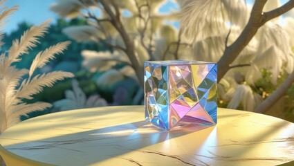 A serene and luminous image featuring Narongsag's mesmerizing glass cube, delicately placed on a soft pastel yellow table, set against a warm and inviting natural background with gentle, feathery tree