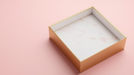 Fototapeta premium Closeup view of a modern minimalist gift box with gold metallic accents resting on a smooth marble surface The simple elegant design creates a high end luxurious look ideal for product displays