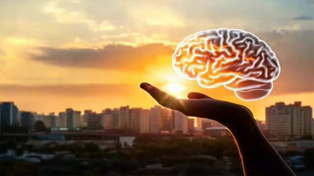 A hand holds the silhouette of an abstract brain against a city skyline at sunset, symbolizing anxiety depression treatment, neurology, schizophrenia, and ocd concepts