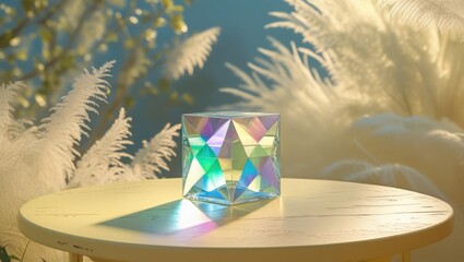 A serene and luminous image featuring Narongsag's mesmerizing glass cube, delicately placed on a soft pastel yellow table, set against a warm and inviting natural background with gentle, feathery tree