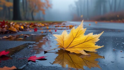 Vibrant fall colors reflected on wet pavement, with a solitary, golden-yellow autumnal maple leaf lying flat, its delicate veins and tendrils glistening with dew, surrounded by a scattering of brown a