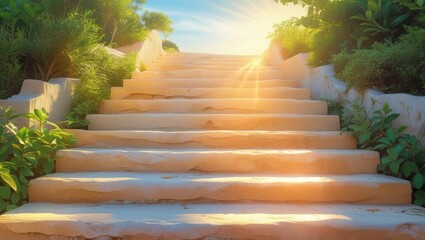 A serene and vibrant wallpaper featuring a set of bright, worn stone steps basking in the warm glow of sunlight, with each step gently weathered to a soft, creamy beige color, descending into the dist