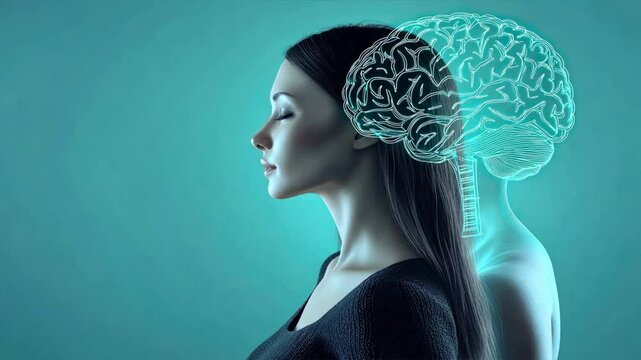 Two women one with a tilted head and the other showing an outlined brain, depict anxiety depression treatment, neurology, ocd, and pediatric neurologist concepts