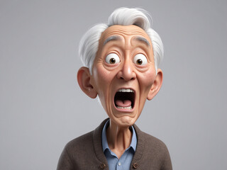3D cartoon-style illustration of an elderly Asian man with white hair, styled neatly, expressing extreme surprise