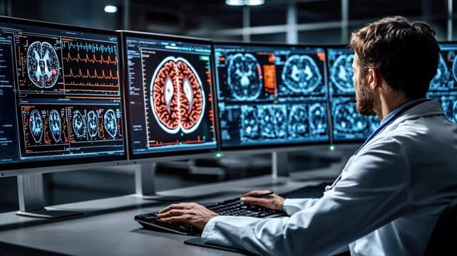A doctor works on multiple screens showing brain scans and technology emphasizing neurology, pediatric neurologist work, anxiety depression treatment, and ocd