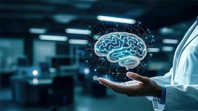 A doctor in a white coat presents a glowing futuristic hand with a holographic brain, symbolizing neurology, pediatric neurologist roles, anxiety depression treatment, and ocd