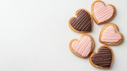 Fototapeta premium Delectable chocolate dipped heart shaped cookies with a beautiful pink drizzle perfect for celebrating Valentine s Day with a sweet and indulgent treat