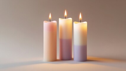 Three delicate, slender candles in soft pastel hues - pale peach, muted lavender, and creamy white - are arranged in a harmonious triangle on a subtle, gradient background that transitions from warm b