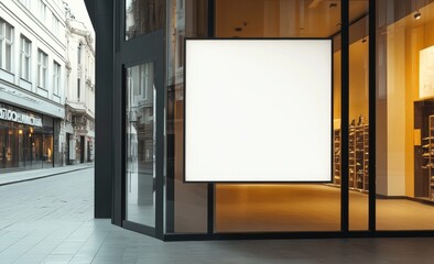 Blank storefront sign, city street view.