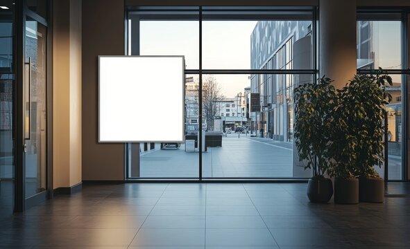 Blank square billboard in modern shopping mall interior.