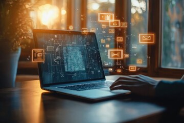 Project Management Workspace with Laptop, Gantt Chart and Digital Icons in Modern Office Environment
