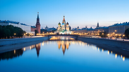 Fototapeta premium Dawn over Moscow River, St. Basil's Cathedral reflected, Kremlin walls, tranquil cityscape, ideal for travel brochures.