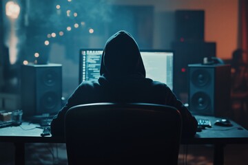 Mysterious hacker working on a computer depicting the theme of cybercrime and dark web