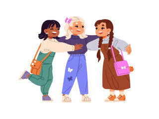 Happy little girls greeting, hug together. Cute kids embrace, glad to see, welcoming. Children friends cuddle, support. International friendship. Flat isolated vector illustration on white background