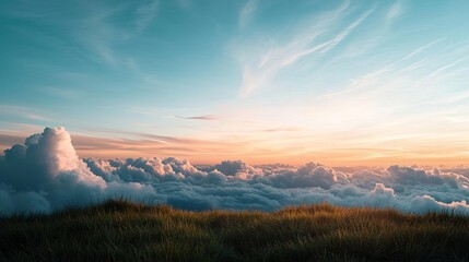 Pastel skies idea. A breathtaking view of a sunset above vibrant clouds and grassy hills.