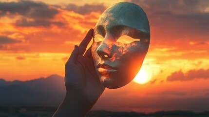 Unmasking Freedom: Person Removing Mask at Sunset, Symbolic Liberation with Warm Emotional Tones