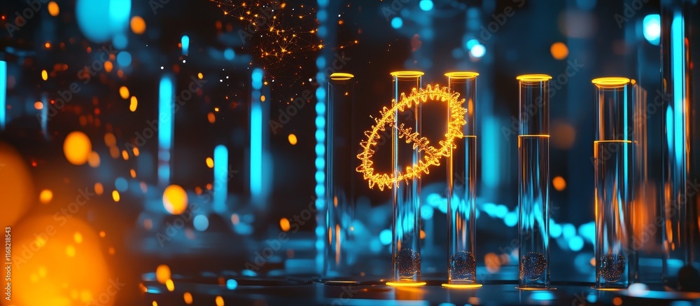 Aufkleber glowing ring and test tubes in a lab setting.