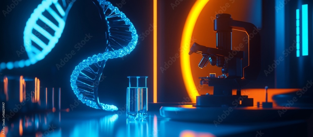 Poster DNA helix and microscope in futuristic lab.