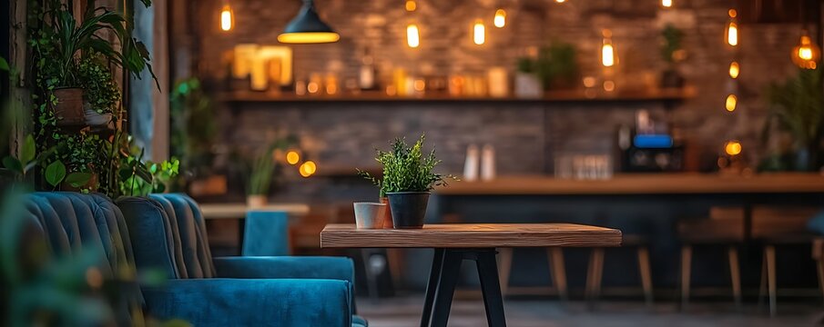 Industrial-style cafe with blurred background of vintage decor and furniture 