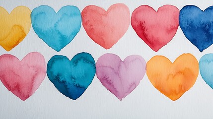 Row of colorful watercolor hearts on white background.