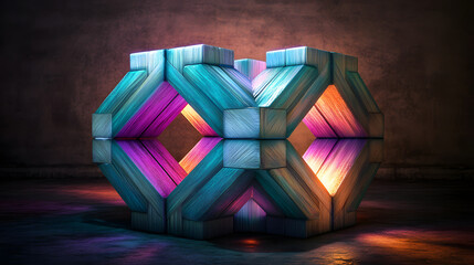 Colorful Geometric Abstract Design with Glowing Interlocking Shapes in Bright Lights