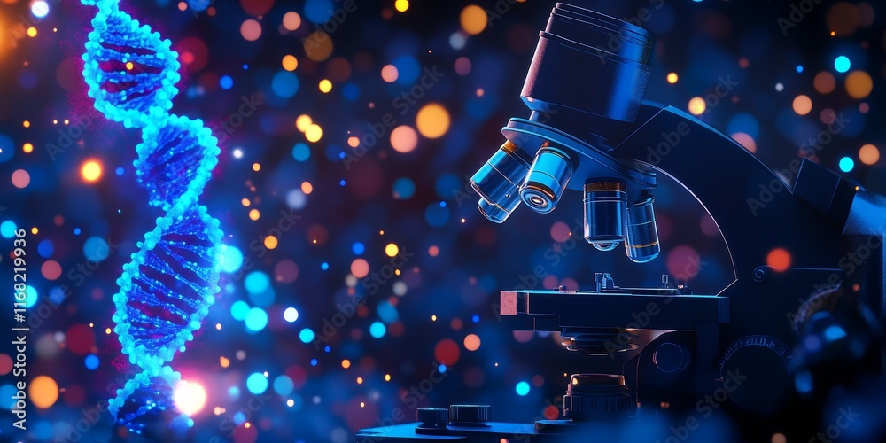 Poster dna helix and microscope in blue.
