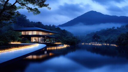 Serene lakeside house surrounded by mountains at twilight.