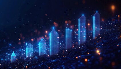 Stock Market Growth Visualization with Upward Arrows Financial Graph on Blue Background Business Concept