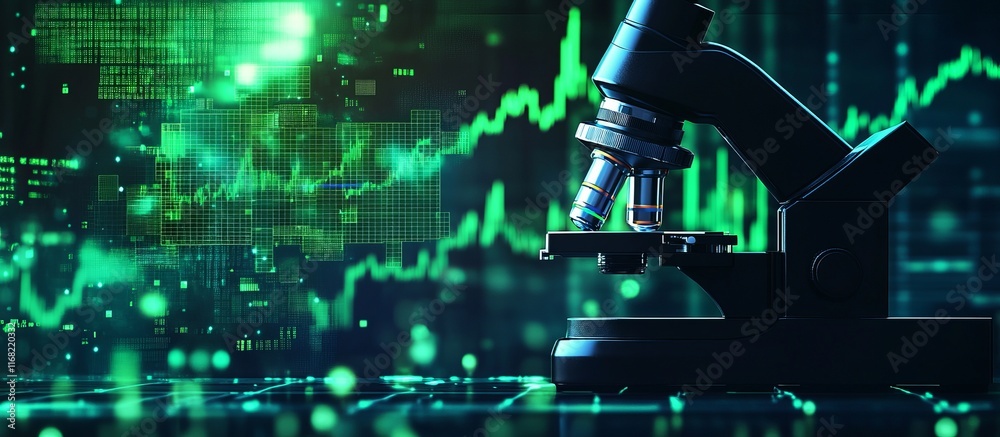 Poster Microscope with financial data background.
