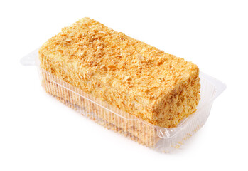 Layered dessert made with cake crumbs in a clear plastic container for a sweet treat
