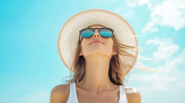 Summer Sunshine and Freedom: A carefree woman in a white tank top and hat basks in the sun, sunglasses reflecting the bright blue sky. Her hair blows in the wind.