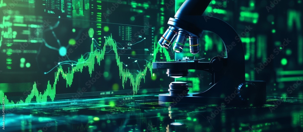 Poster microscope on financial data background.