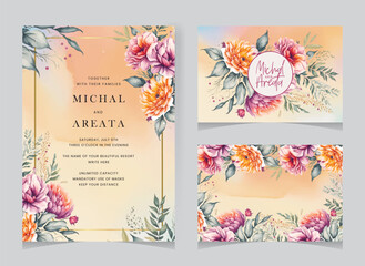 Vector set of gold wedding invitation card template set with floral and watercolor background
